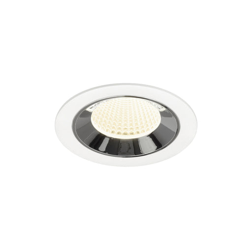 Recessed ceiling light fixture with a white finish, chrome accents, and a honeycomb lens for even illumination.