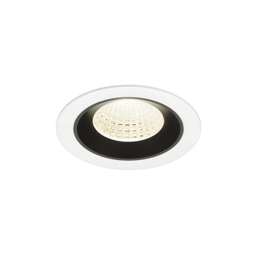 Recessed LED downlight with a black and white finish, featuring a glass lens and a modern design for ceiling mounting.