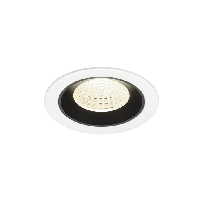 Recessed LED downlight with a black and white finish, featuring a glass lens and a modern design for ceiling mounting.