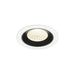 Recessed LED downlight with a black and white finish, featuring a glass lens and a modern design for ceiling mounting.