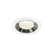 Recessed ceiling light fixture with a chrome finish, white metal trim, and a clear glass lens, designed for flush mounting.