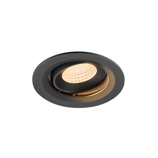 Recessed LED downlight, matte black finish, ceiling mount.