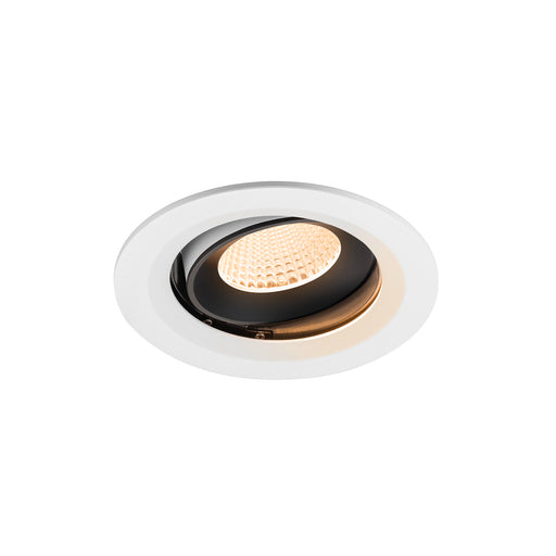 Recessed LED downlight with a white finish, black interior, and honeycomb lens, designed for ceiling mounting.