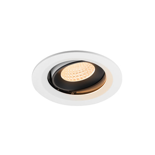 Recessed ceiling light fixture with a white finish, black interior, and gold accents, featuring a textured lens for soft illumination.