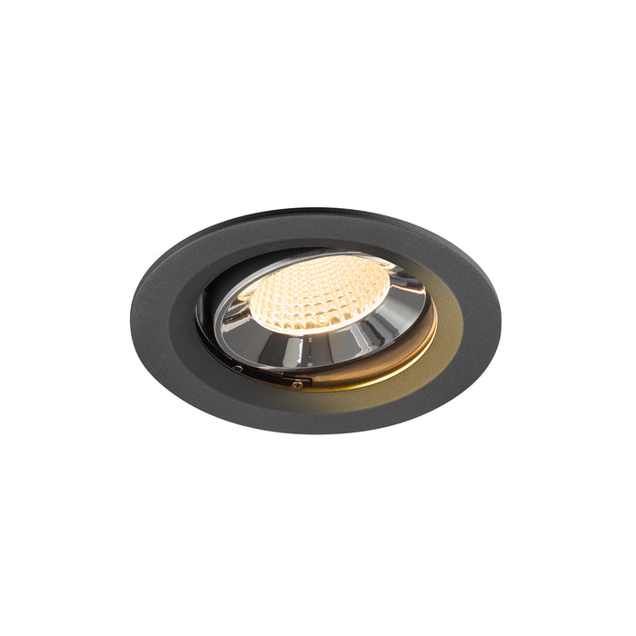 Recessed ceiling light fixture in matte black finish with chrome reflector and warm white LED, designed for flush mounting.