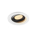 Recessed ceiling light fixture with a white finish, black interior, gold accents, and a textured lens for even illumination.