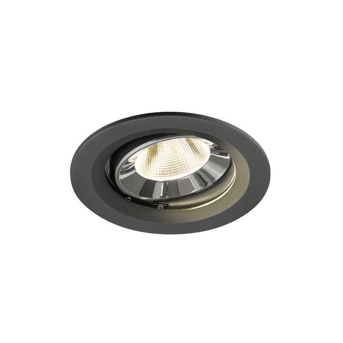 Recessed ceiling light fixture with a black finish, chrome reflector, and aluminum material, designed for flush mounting.