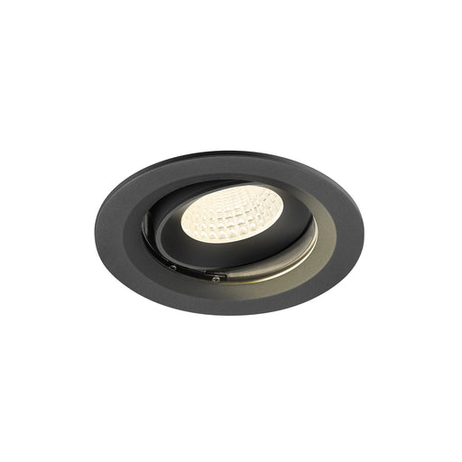 Black recessed ceiling light fixture with adjustable head.
