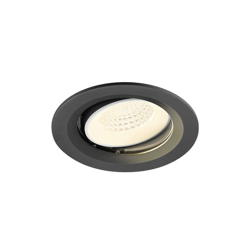 Recessed downlight, black finish, round trim.