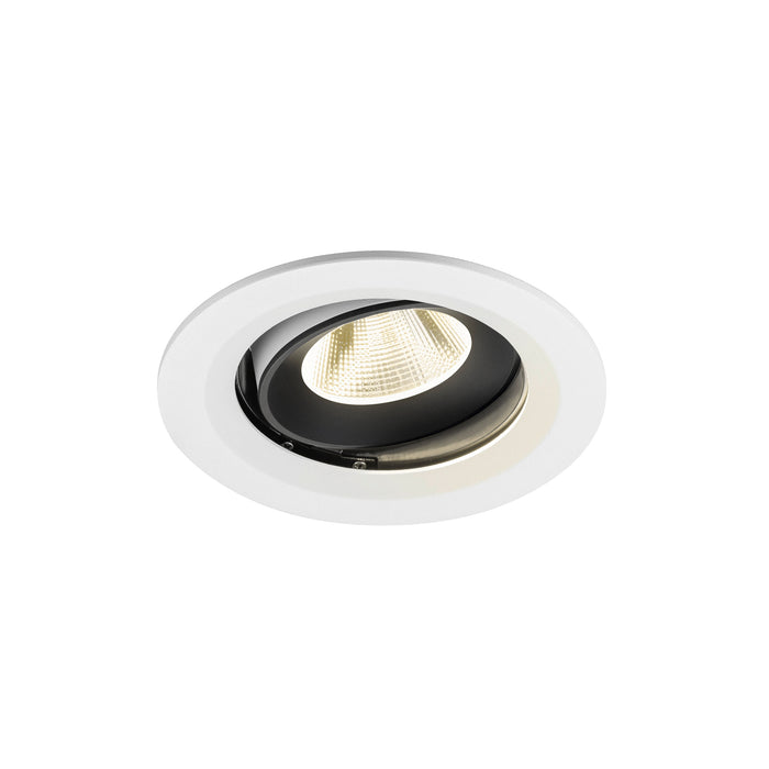 Recessed ceiling light fixture with a white finish, black interior, aluminum material, and adjustable mounting for versatile lighting options.