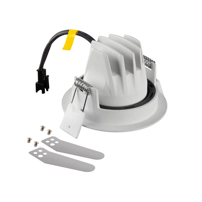 White plastic recessed light housing with mounting springs, includes two metal mounting brackets and screws for installation.