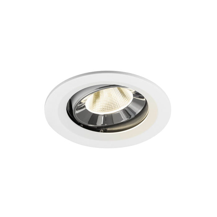 Recessed ceiling light fixture with a white finish, chrome reflector, and a sleek design suitable for modern interiors.