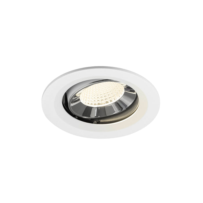 Recessed downlight fixture with a white finish, chrome reflector, and LED bulb, designed for ceiling mounting.