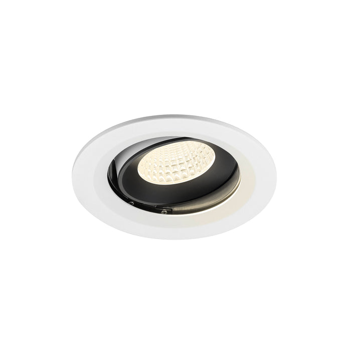 Recessed LED downlight with a white finish, black interior, and glass lens, designed for ceiling mounting.