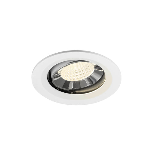 Recessed LED downlight with a white metal finish and chrome reflector, designed for ceiling mounting.