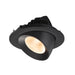 Recessed ceiling light fixture in black metal with a textured lens, designed for flush mounting and providing warm illumination.