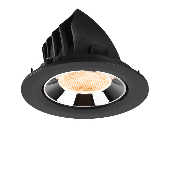 Black recessed ceiling light fixture with a polished chrome reflector and honeycomb lens, designed for easy mounting in various settings.