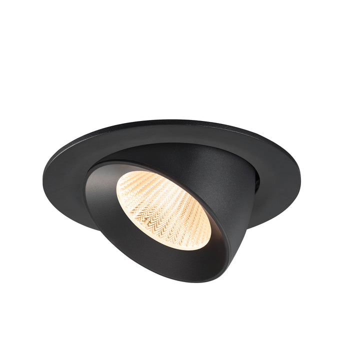 Recessed ceiling light fixture, black finish, adjustable angle.