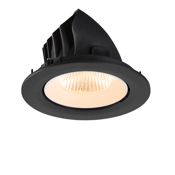 Black recessed ceiling light fixture with a round trim.