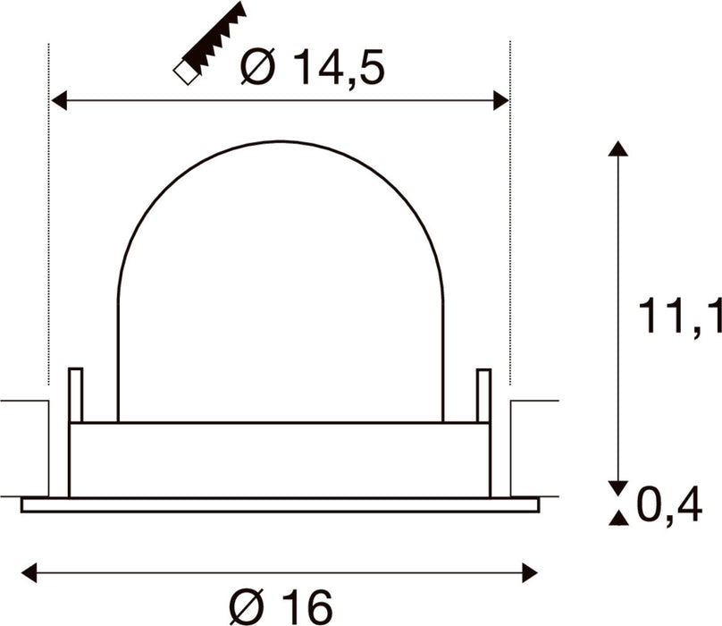 Technical drawing with dimensions for a recessed light fixture.