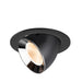 Black metal recessed spotlight with a chrome finish and textured glass, designed for ceiling mounting.