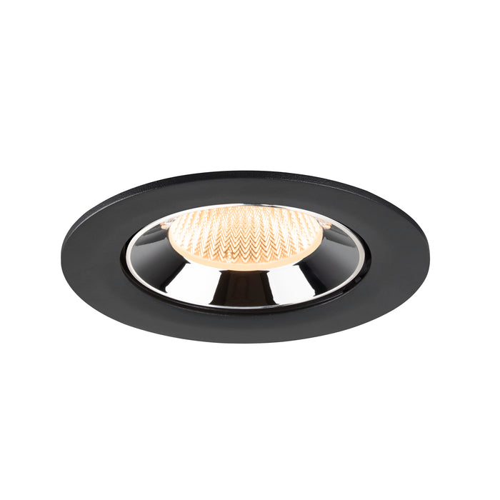 Black recessed ceiling light fixture with a polished chrome reflector and textured lens, designed for flush mounting.
