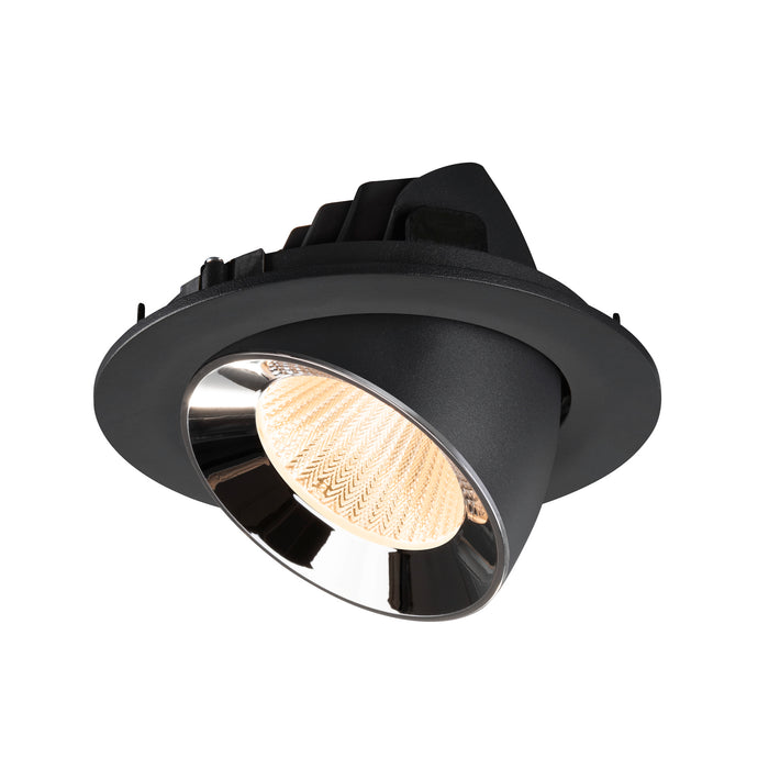 Black recessed spotlight with a reflective chrome finish and textured lens, designed for ceiling mounting.