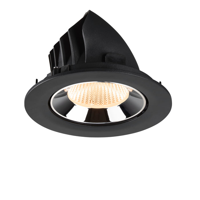 Black recessed LED downlight with a polished reflector and textured lens, designed for ceiling mounting.