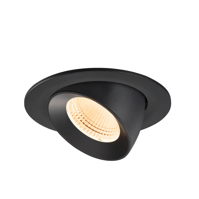 Black recessed ceiling light fixture, adjustable, with textured finish.