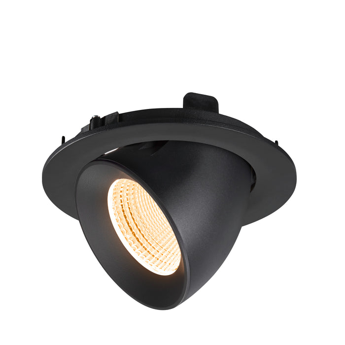 Black recessed ceiling light fixture with adjustable head.