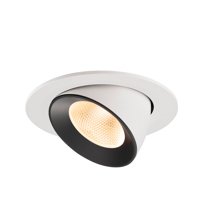 Recessed ceiling light fixture with a white and black finish, made of metal, featuring a honeycomb lens for soft illumination.