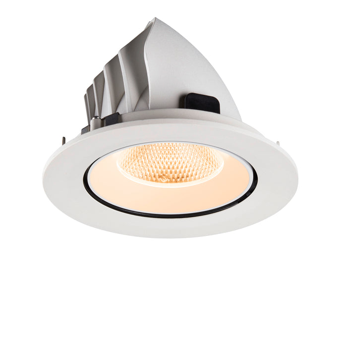 White recessed ceiling light fixture with a round trim and textured light diffuser.