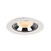 Recessed ceiling light fixture made of metal with a chrome finish and white trim, featuring a honeycomb lens for soft illumination.