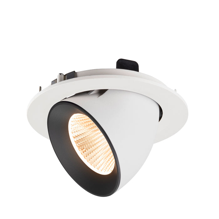 Recessed spotlight made of metal with a matte white finish and black interior, designed for ceiling mounting.