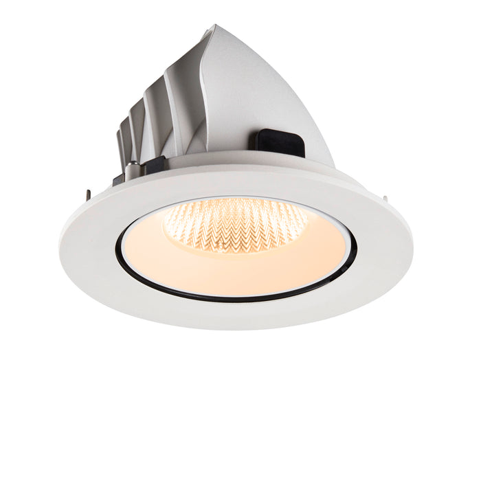 White recessed ceiling light fixture with textured finish.