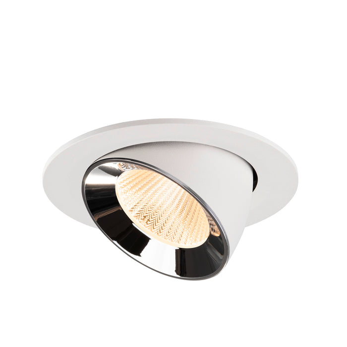 Recessed ceiling light fixture made of metal with a white textured finish and a reflective chrome interior, designed for flush mounting.