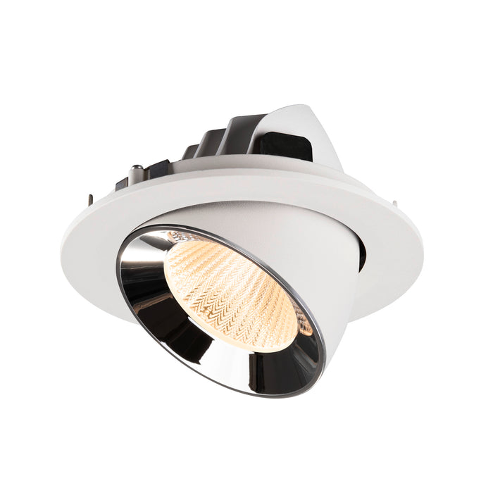 Recessed ceiling light fixture made of metal with a matte white finish and polished chrome reflector, designed for easy mounting.