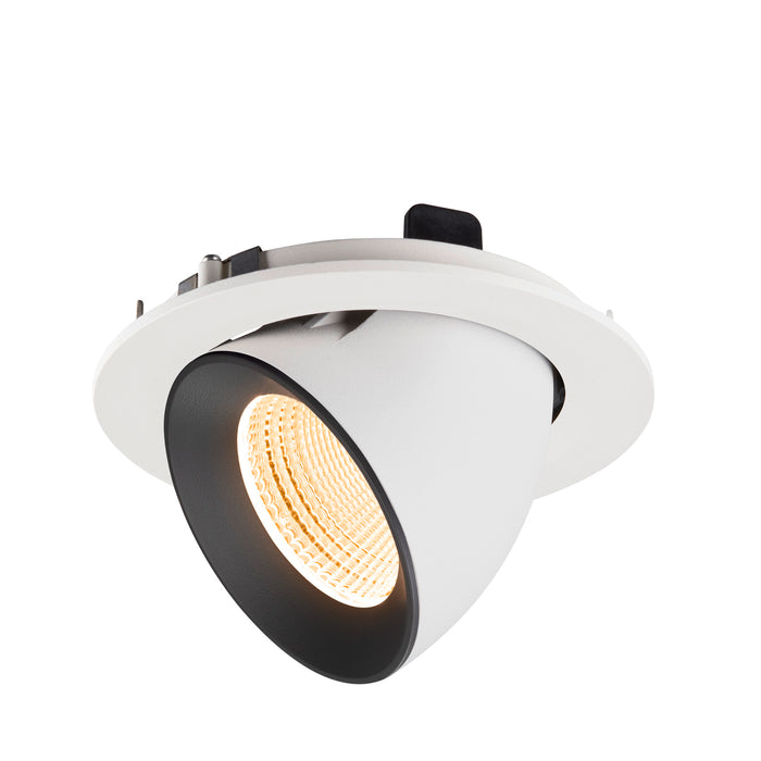 Recessed spotlight in white metal with a black interior, featuring a sleek design and warm LED light source, suitable for ceiling mounting.