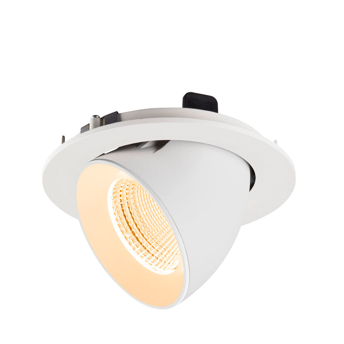 Recessed ceiling light fixture, white finish, adjustable spotlight.