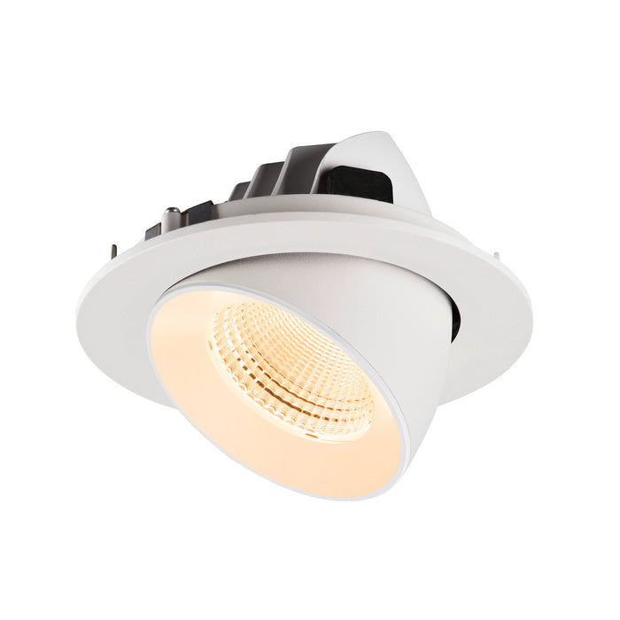 White recessed ceiling light fixture, adjustable gimbal, matte finish.