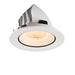 White recessed LED downlight, flush mount.