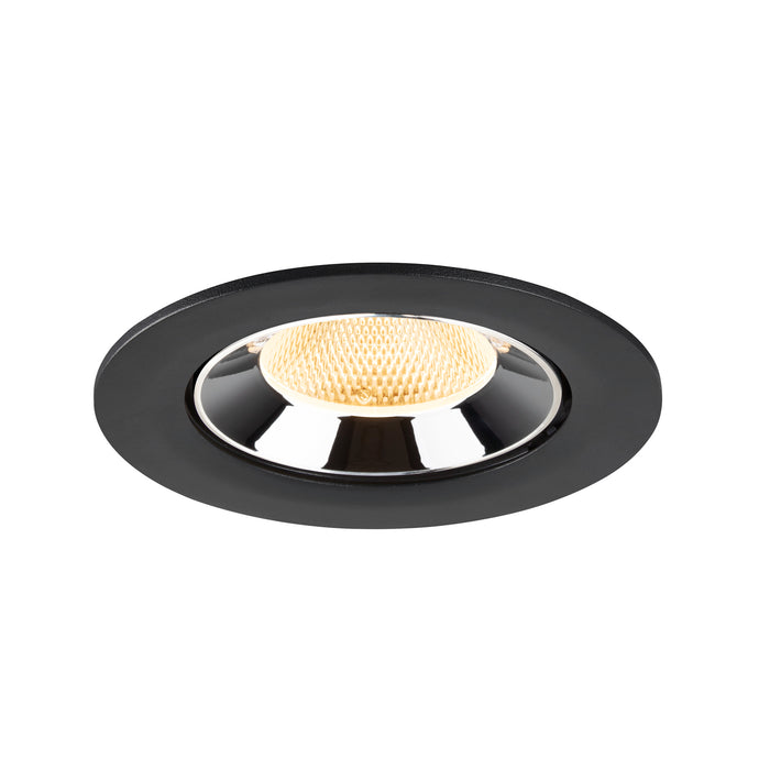 Black recessed ceiling light fixture with a polished chrome reflector and honeycomb lens, designed for flush mounting.