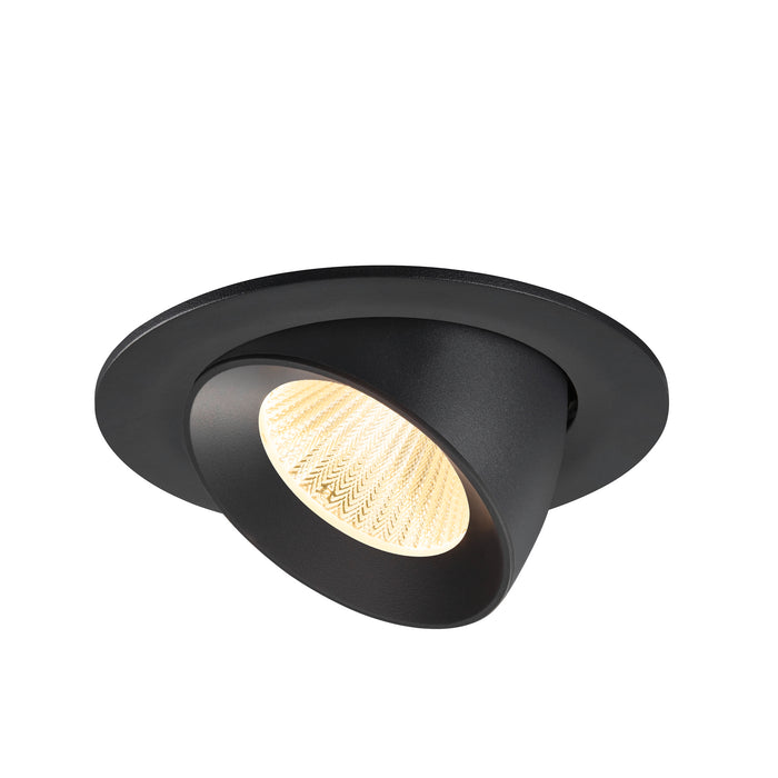 Black recessed ceiling light fixture with adjustable head.