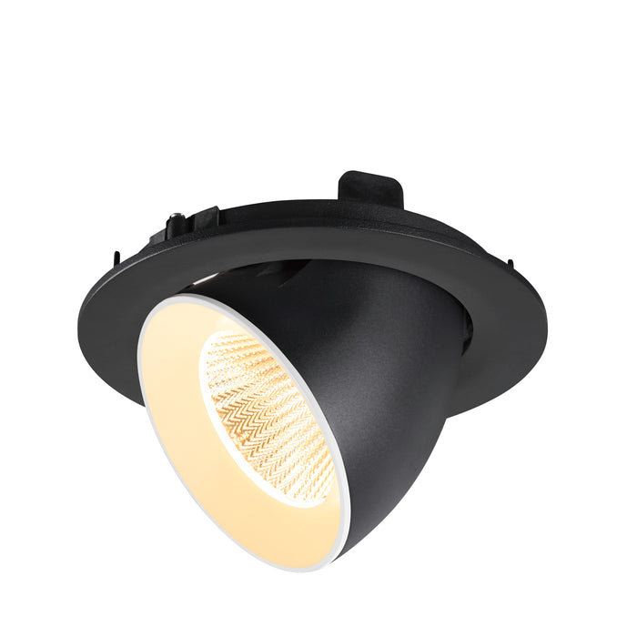 Black recessed ceiling light fixture, adjustable spotlight.