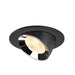 Black metal recessed spotlight with a polished chrome reflector and warm white light, designed for ceiling mounting.