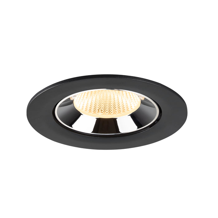 Black recessed ceiling light with a polished chrome reflector and textured glass lens, designed for flush mounting.