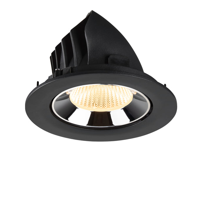 Black recessed LED downlight with a polished reflector and textured lens, designed for ceiling mounting.