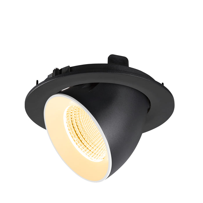 Black recessed ceiling light fixture, adjustable angle.