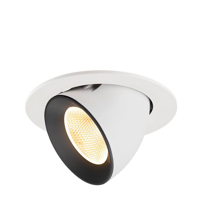 Recessed spotlight made of metal with a matte white finish and black interior, designed for ceiling mounting.