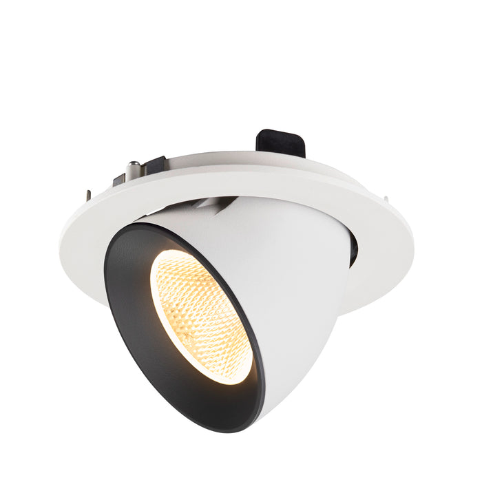 Recessed spotlight in white metal with a black interior, featuring a warm LED light source and designed for ceiling mounting.
